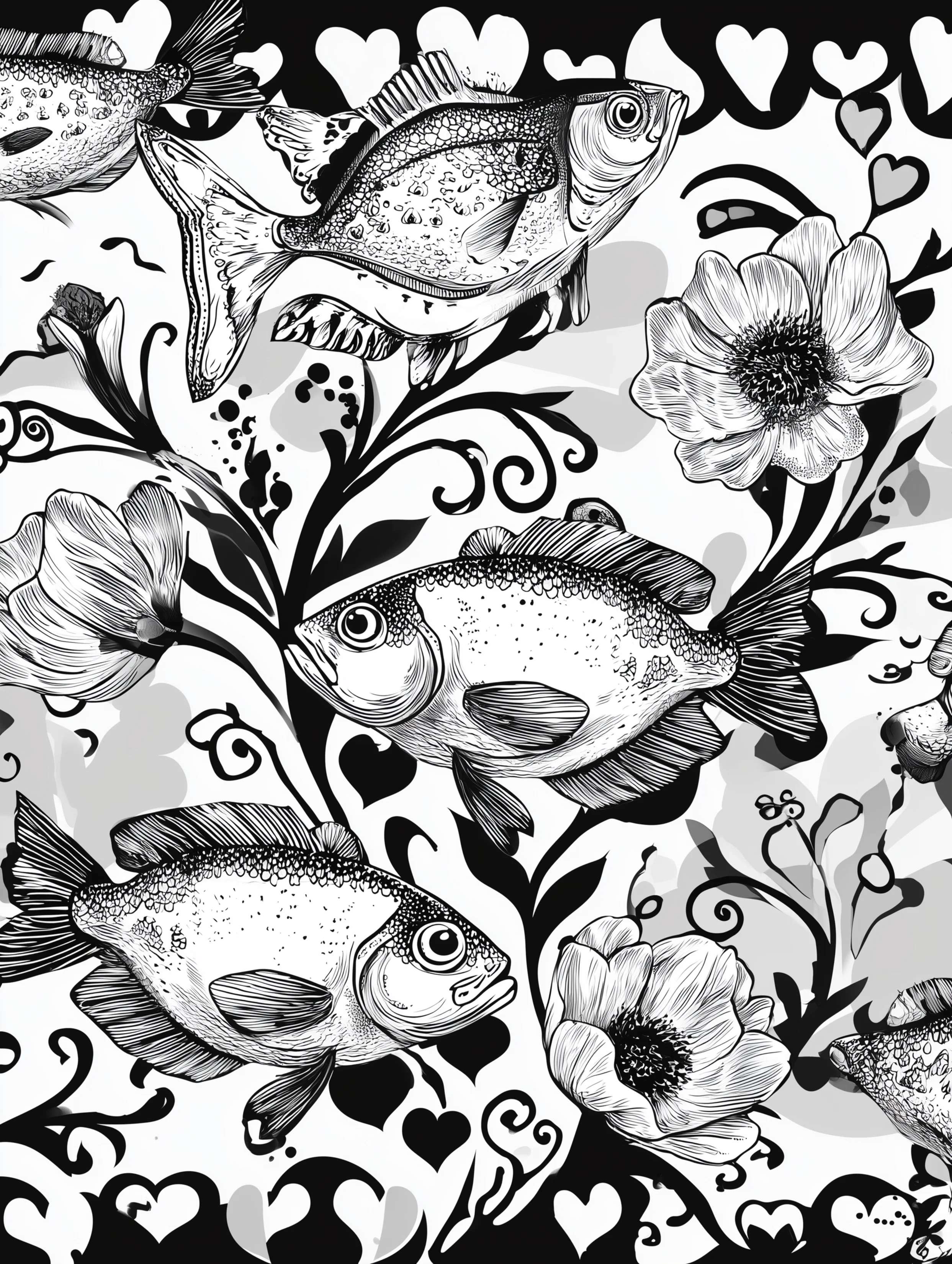 Free printable coloring page for adults featuring hearts and swirling fish patterns